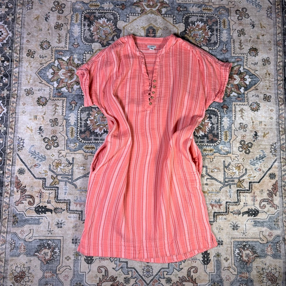LL Bean Women Coral Pink Striped Double Gauze Henley Shift Dress Pockets Cotton